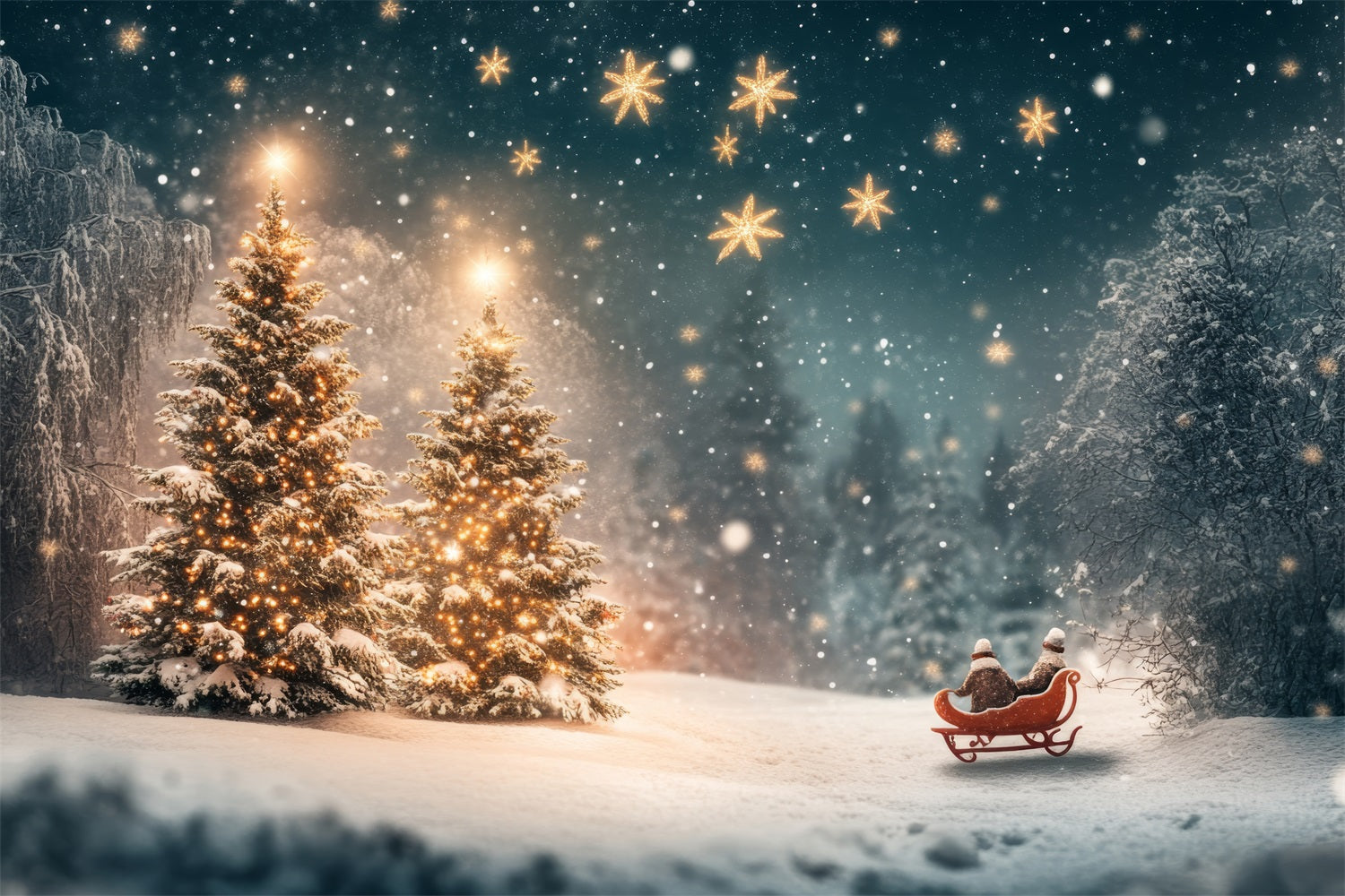 Toile de fond Arbres illuminés Forêt nocturne enneigée Hiver BRP9-306