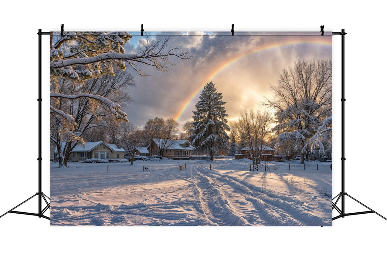 Toile de fond Arc-en-ciel horizon enneigé Pins givrés Hiver BRP9-327