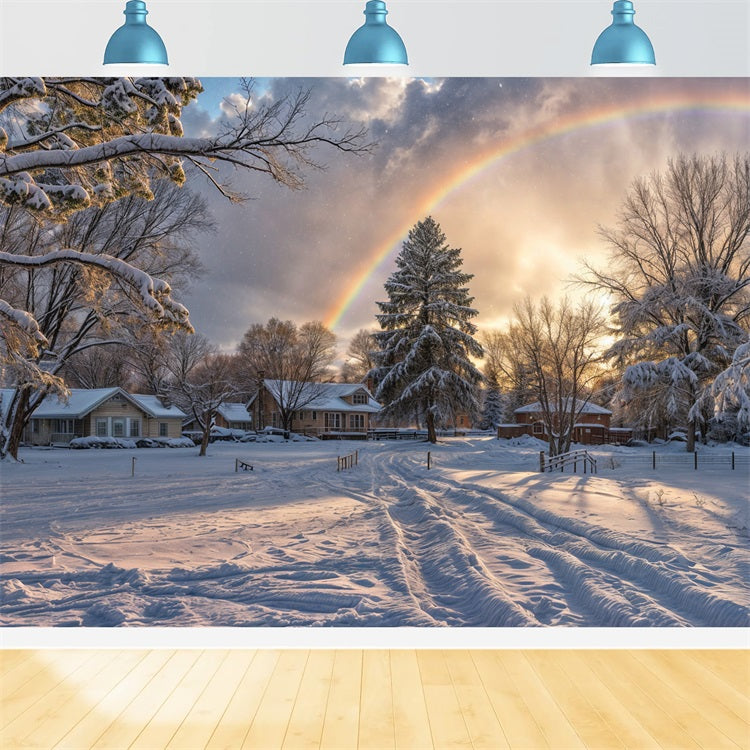 Toile de fond Arc-en-ciel horizon enneigé Pins givrés Hiver BRP9-327