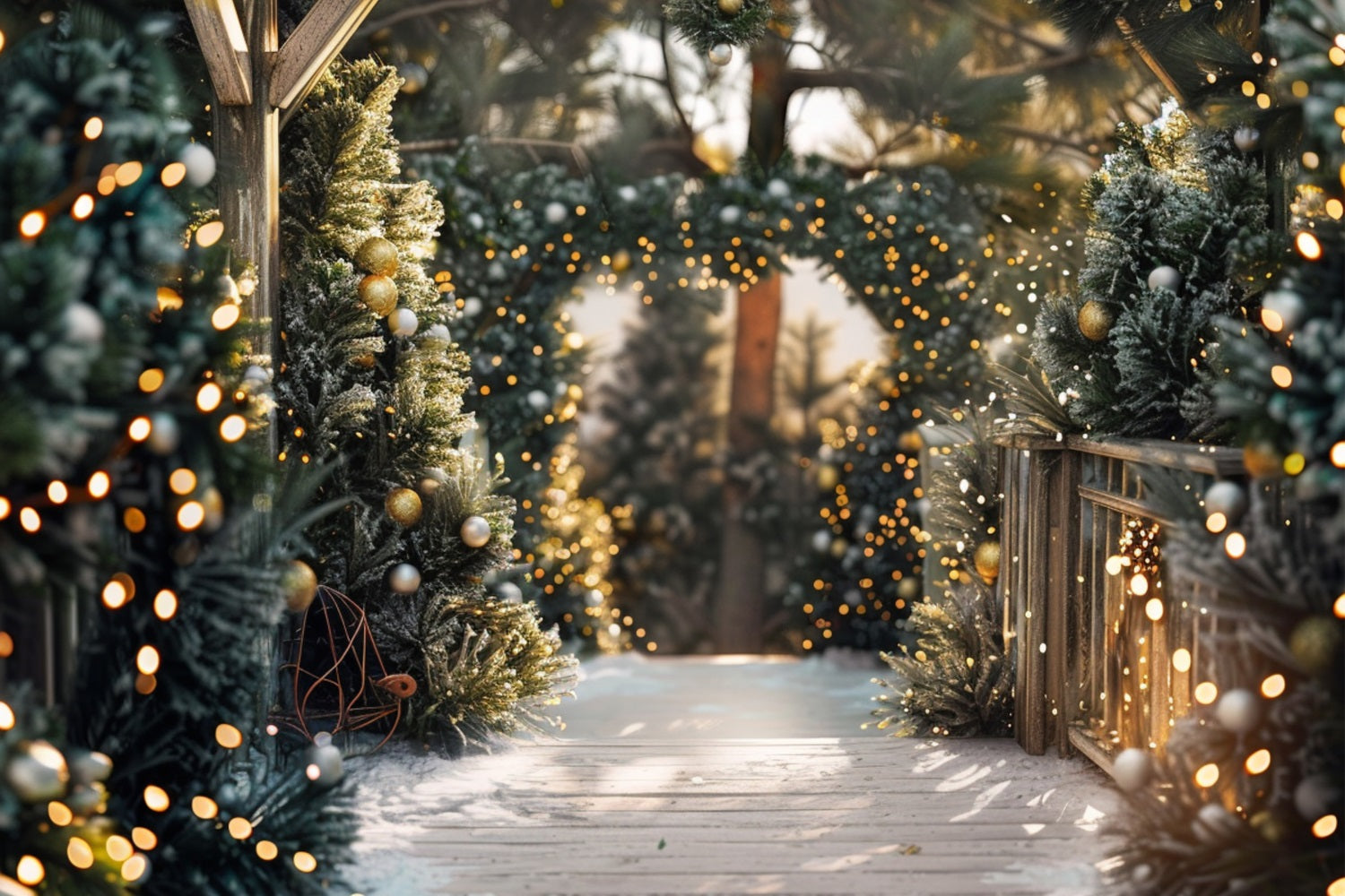 Toile de fond Allée hivernale décorée Lumières de Noël BRP9-334