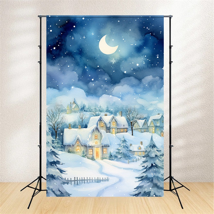 Toile de fond Cottage hivernal sous la neige Lumière de lune BRP9-352