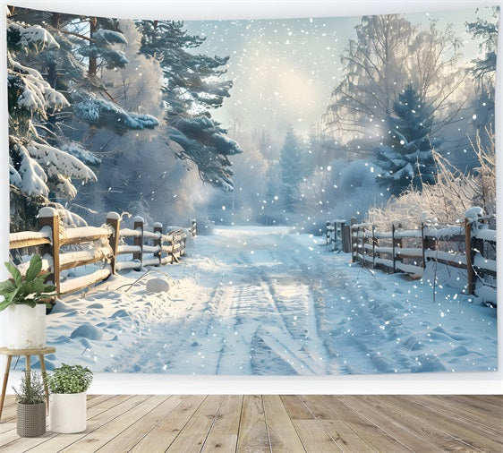 Toile de fond Clôture enneigée Route forestière hivernale BRP9-356