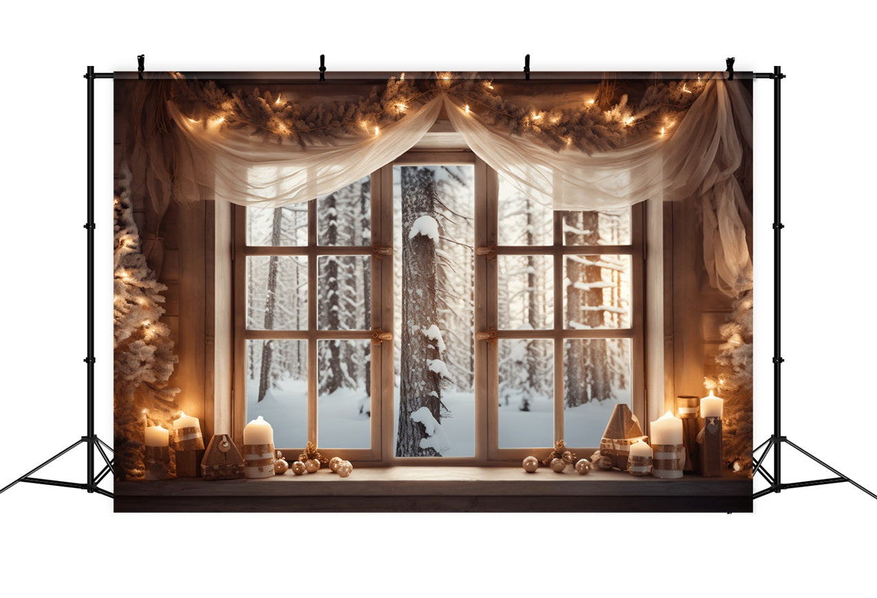 Toile de fond Vue forêt givrée Fenêtre décorée Cabane BRP9-361