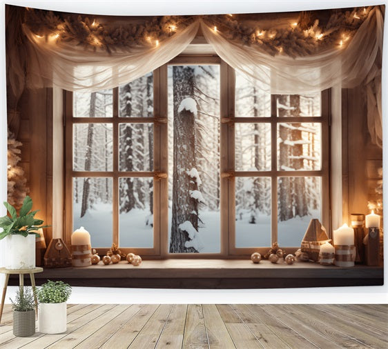 Toile de fond Vue forêt givrée Fenêtre décorée Cabane BRP9-361