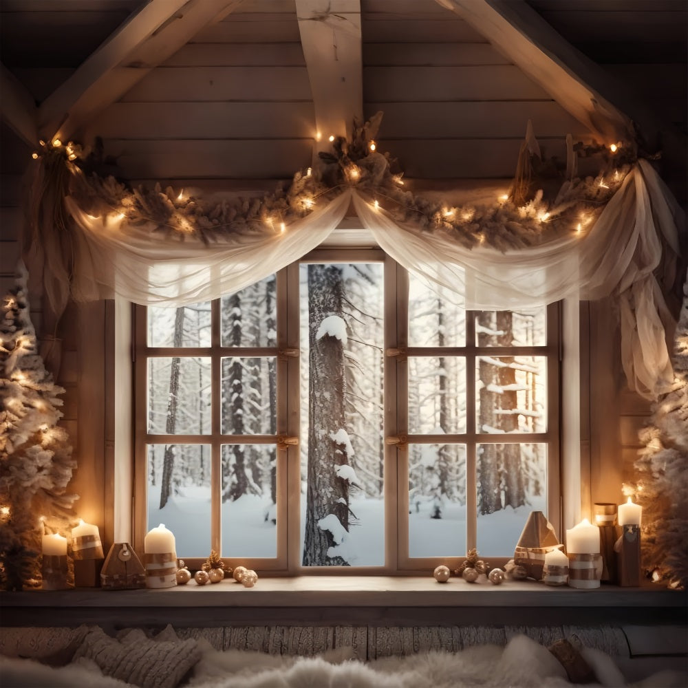 Toile de fond Vue forêt givrée Fenêtre décorée Cabane BRP9-361