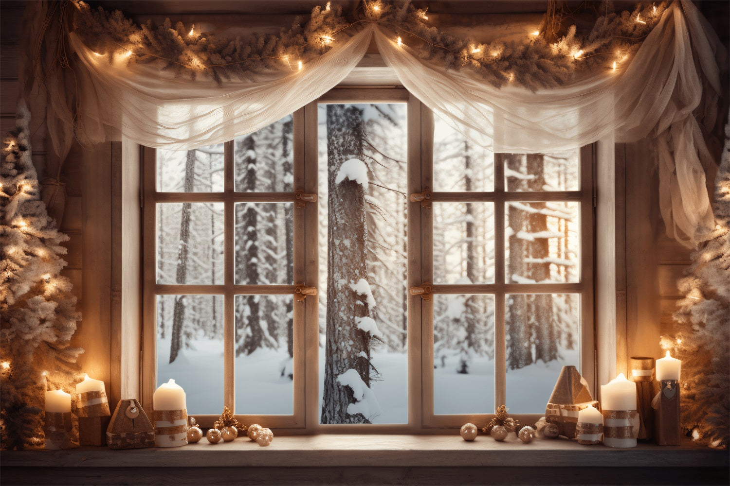 Toile de fond Vue forêt givrée Fenêtre décorée Cabane BRP9-361