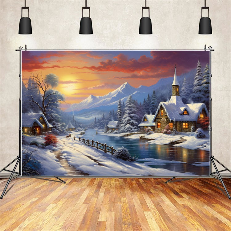 Toile de fond Coucher de soleil hivernal Village de montagne enneigé BRP9-362