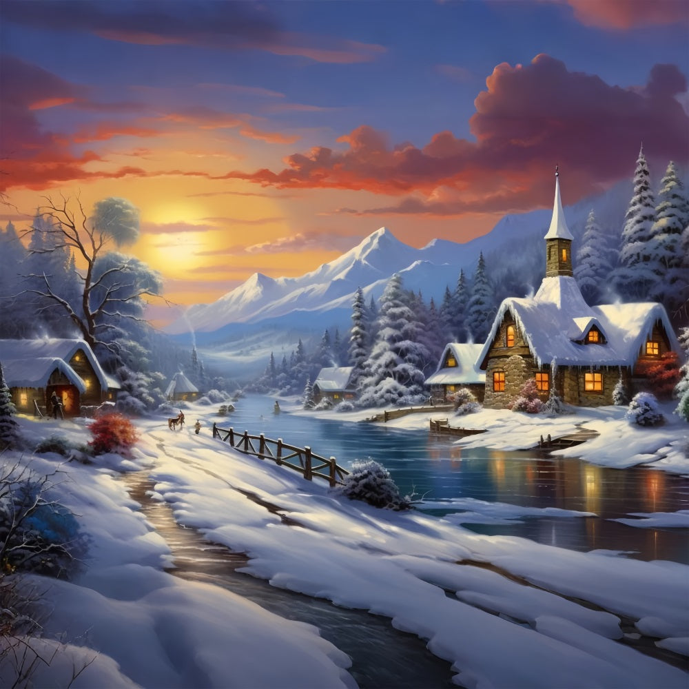Toile de fond Coucher de soleil hivernal Village de montagne enneigé BRP9-362