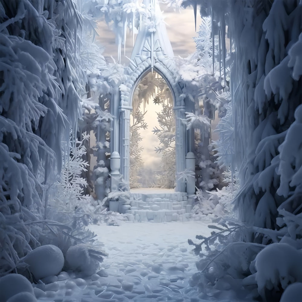 Toile de fond Arche enneigée entourée d’arbres glacés Hiver BRP9-378