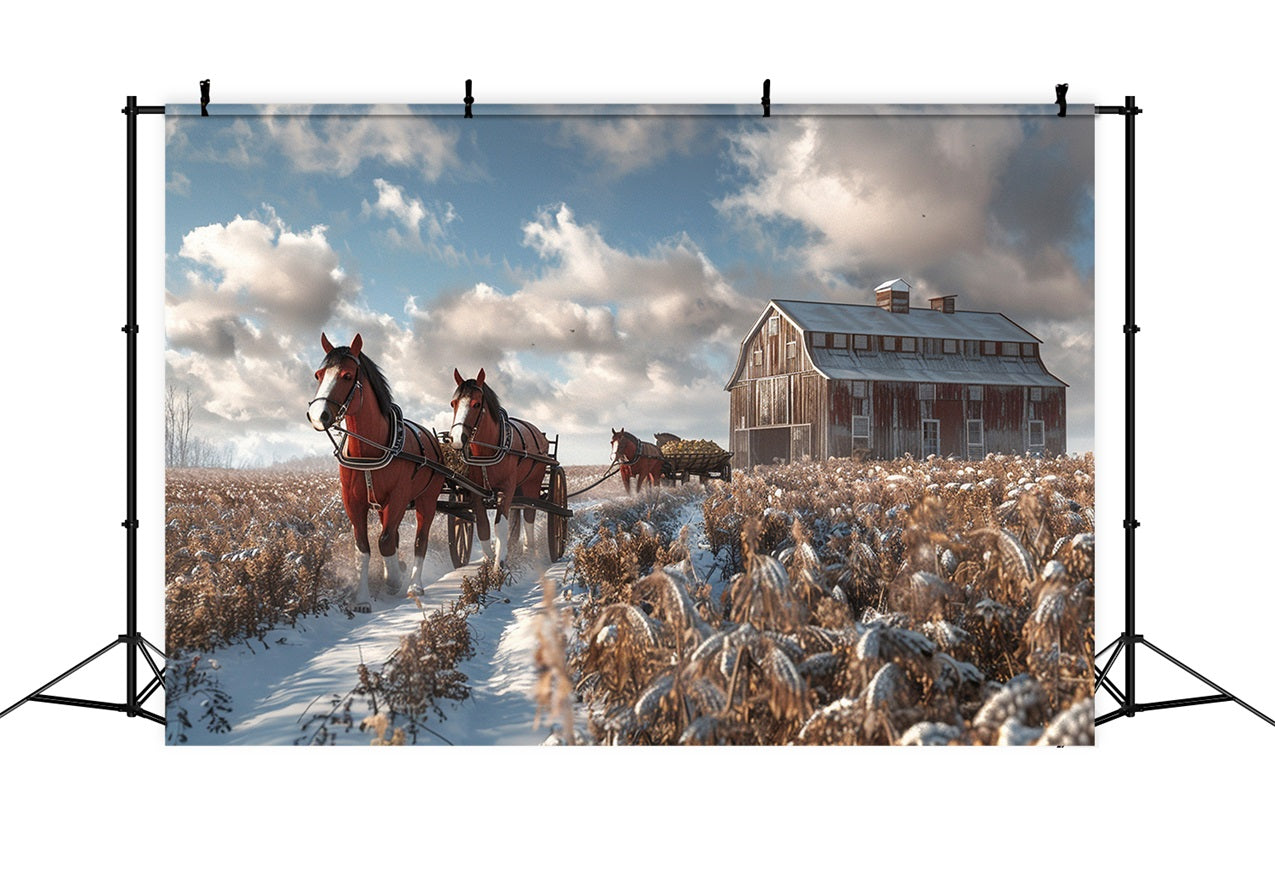 Toile de fond Grange enneigée Chevaux Champ d'hiver BRP9-380