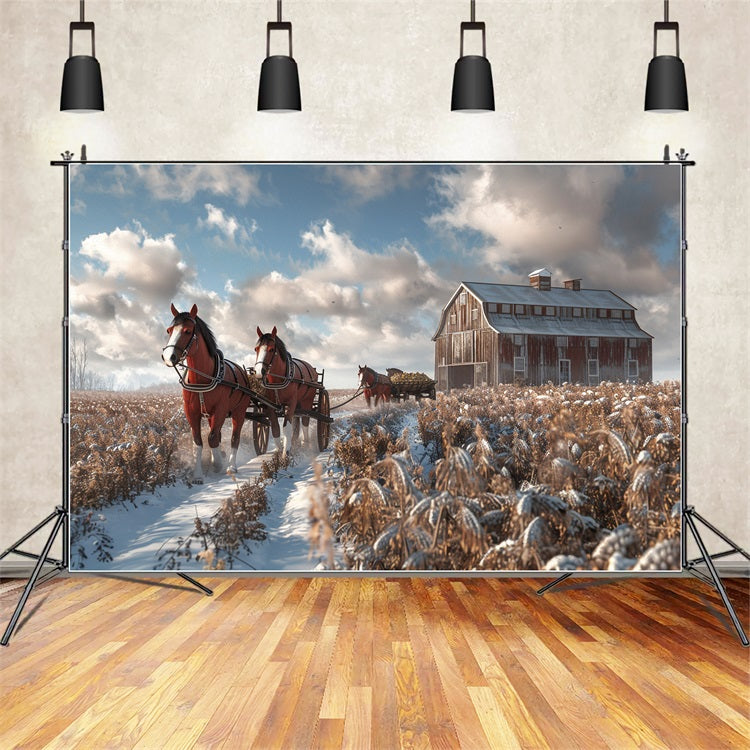 Toile de fond Grange enneigée Chevaux Champ d'hiver BRP9-380