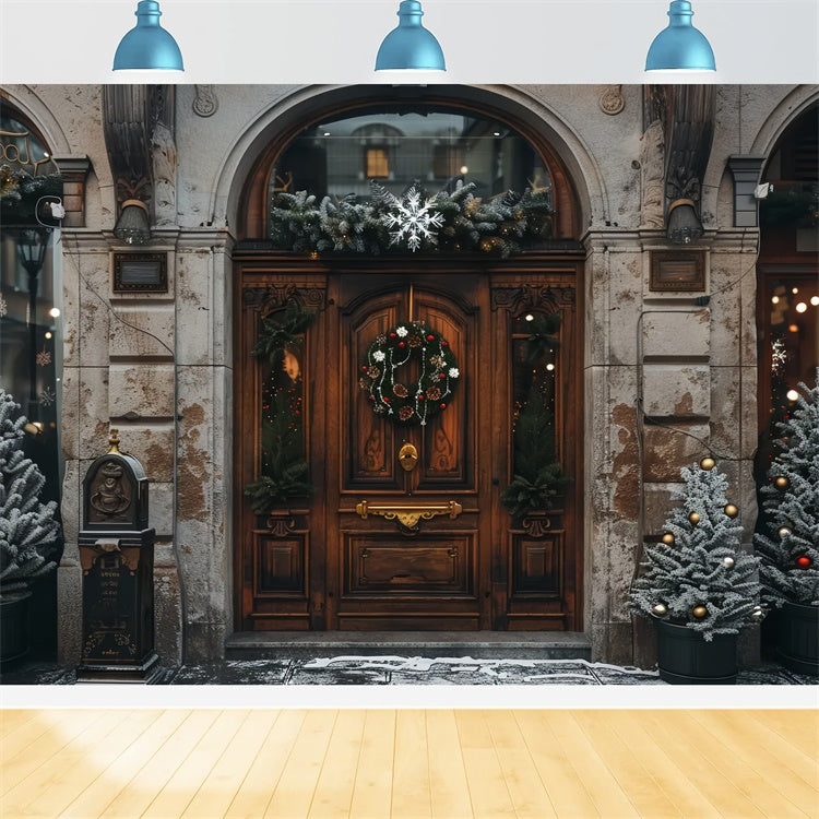 Toile de fond Couronne de flocons de neige et porte en bois hivernale de Noël BRP9-41