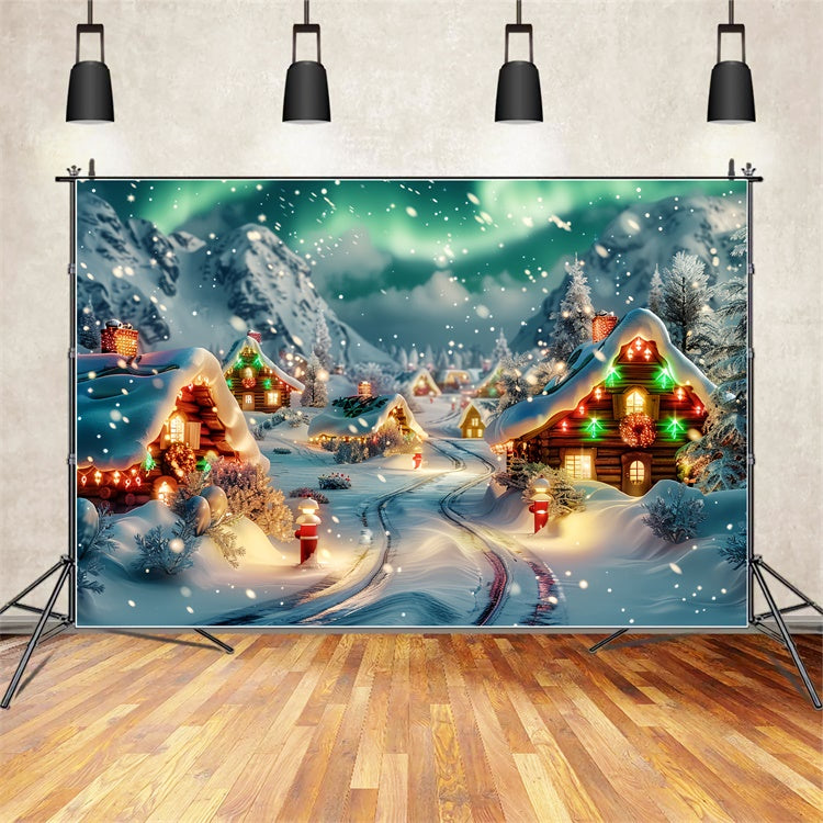 Toile de fond Village de Noël illuminé par des aurores avec chute de neige BRP9-86