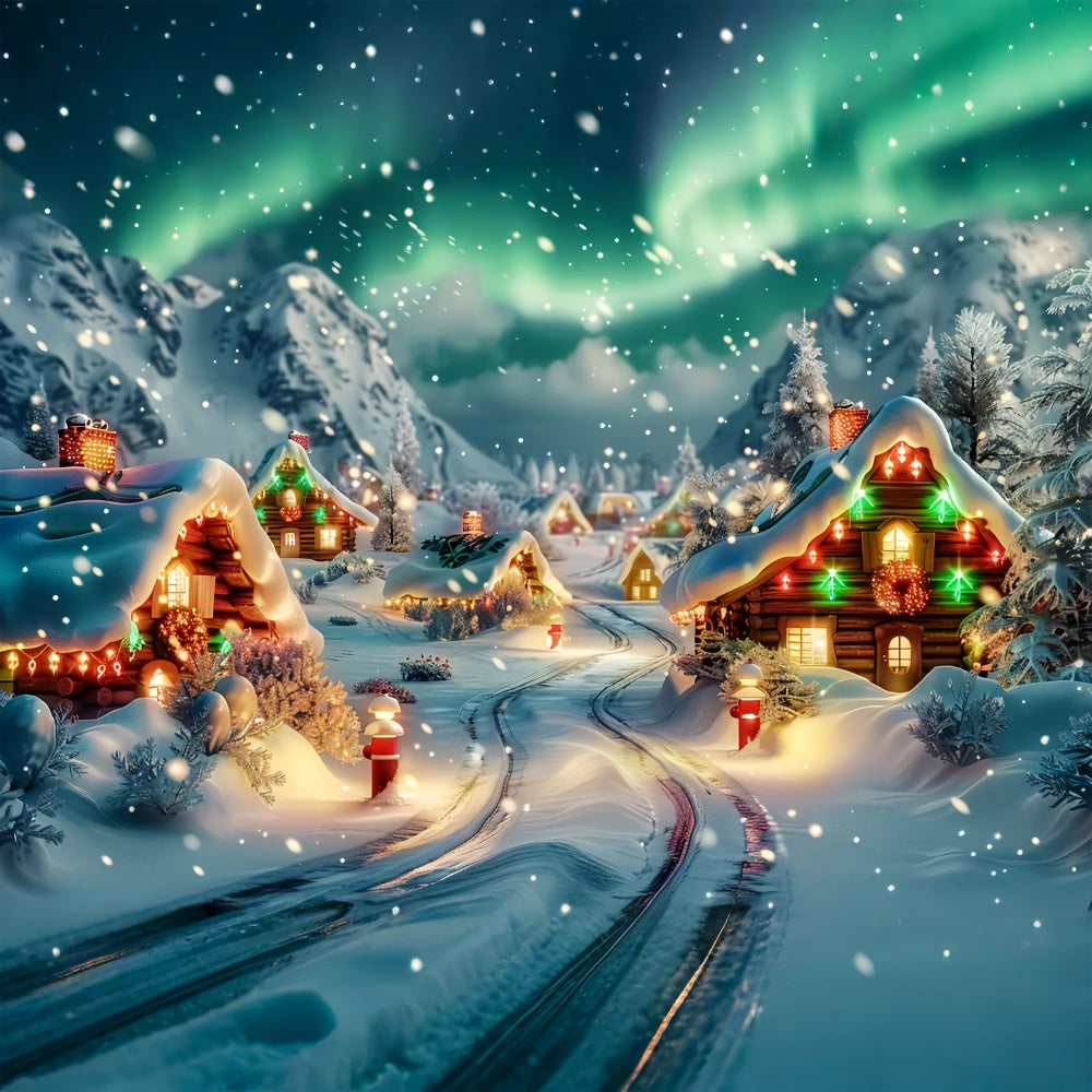 Toile de fond Village de Noël illuminé par des aurores avec chute de neige BRP9-86