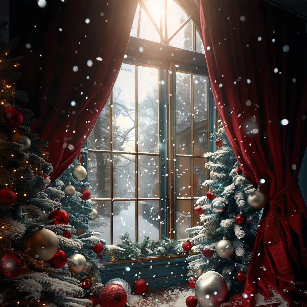 Toile de fond Fenêtre de Noël avec rideau rouge et arbres enneigés BRP9-87
