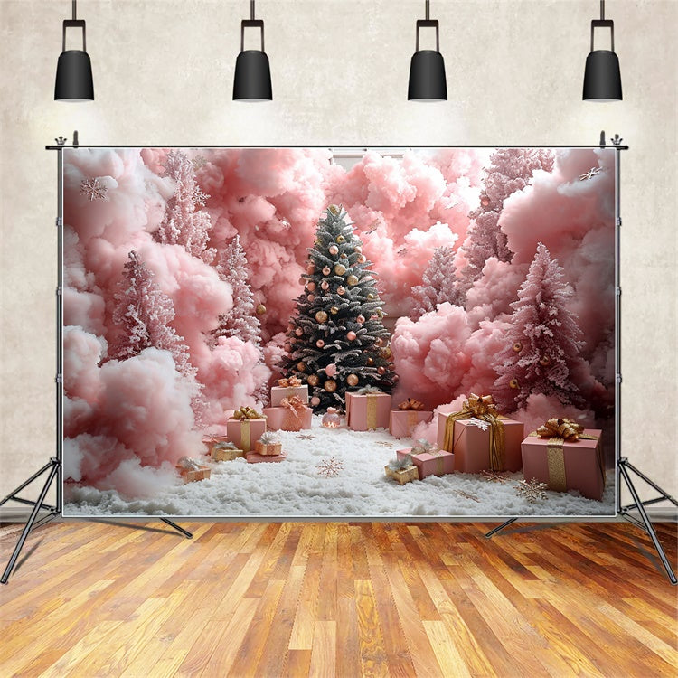 Toile de fond Forêt rose de Noël avec flocons de neige et cadeaux BRP9-90