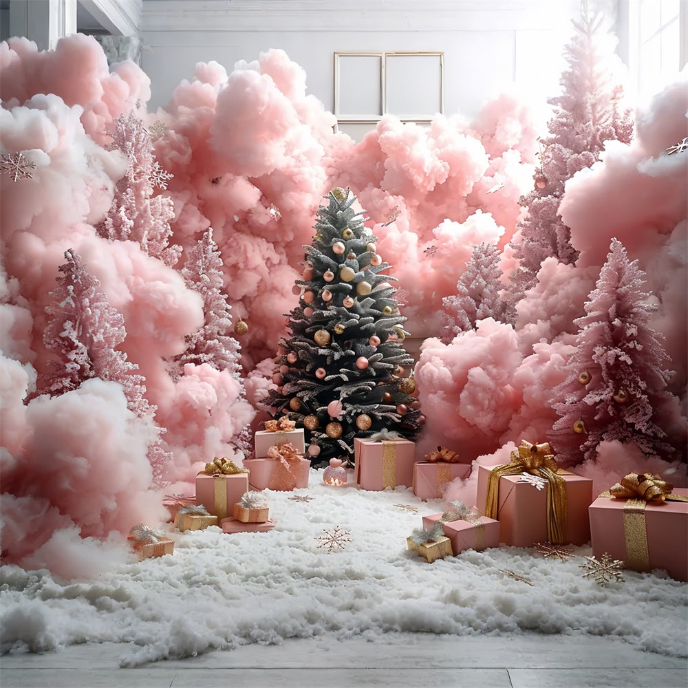 Toile de fond Forêt rose de Noël avec flocons de neige et cadeaux BRP9-90