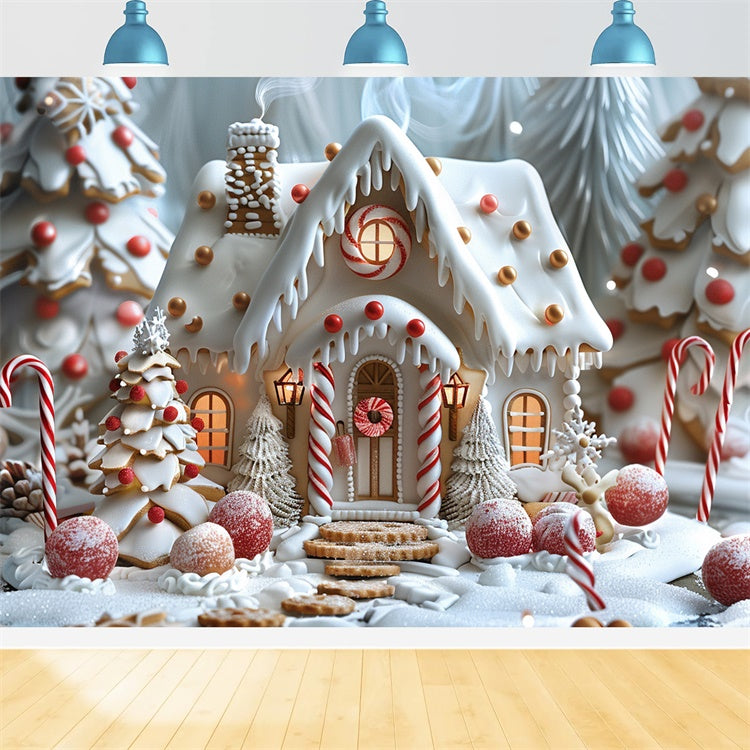 Toile de fond Cottage en pain d'épices glacé avec sapins de Noël BRP9-91
