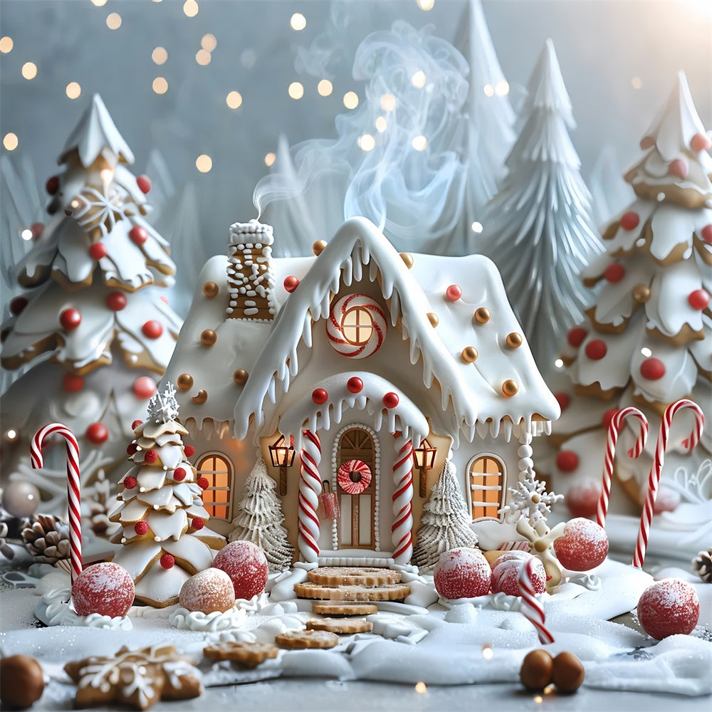 Toile de fond Cottage en pain d'épices glacé avec sapins de Noël BRP9-91