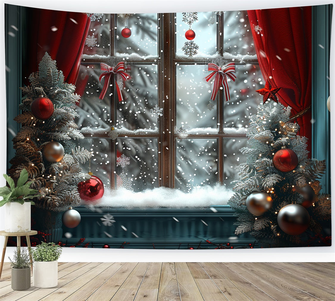 Toile de fond Fenêtre de Noël givrée avec ornements rouges BRP9-93