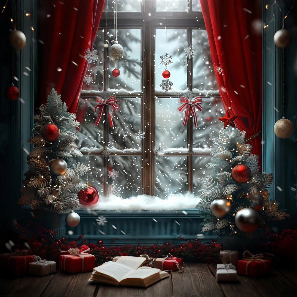 Toile de fond Fenêtre de Noël givrée avec ornements rouges BRP9-93