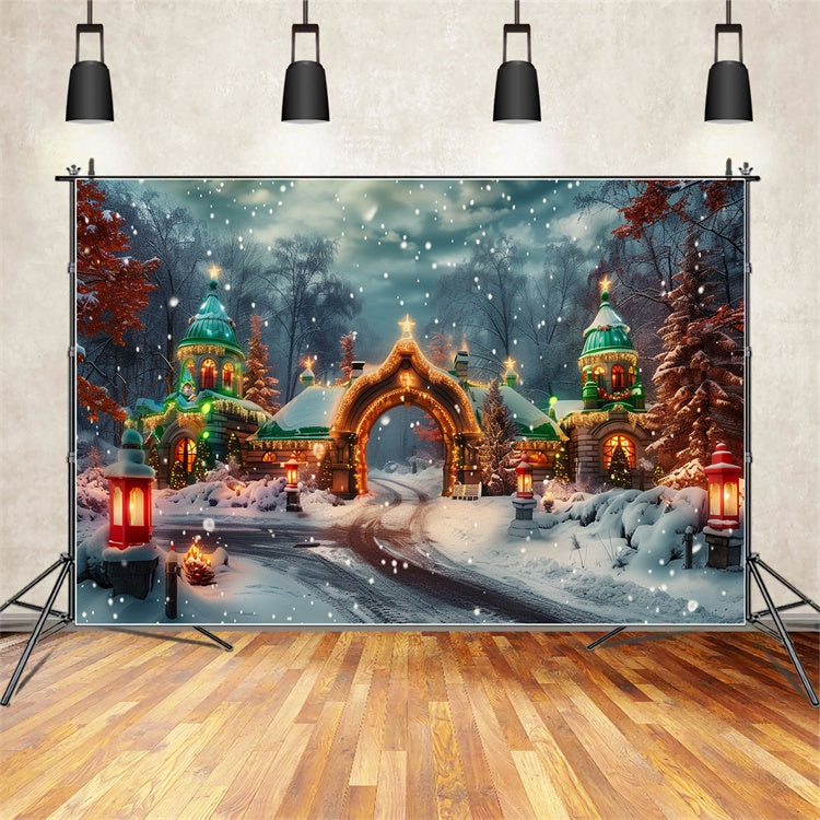 Toile de fond Porte du château de Noël avec neige et lumières BRP9-94