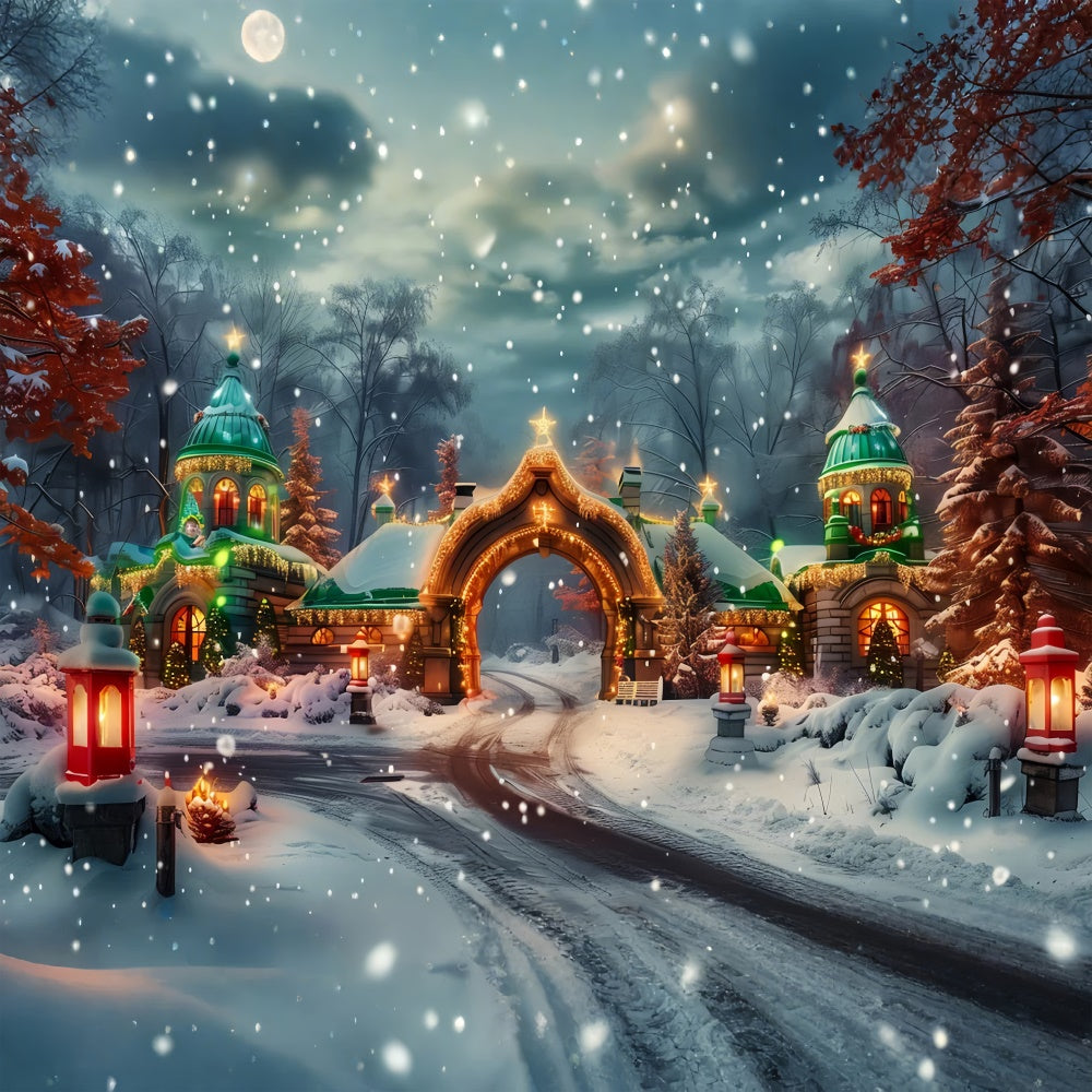 Toile de fond Porte du château de Noël avec neige et lumières BRP9-94
