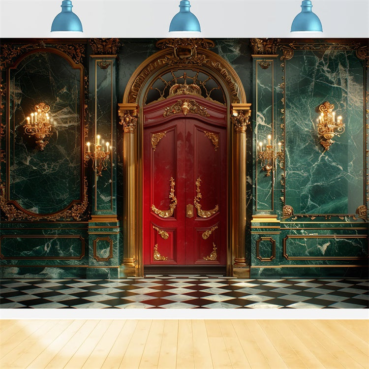 Toile de fond Porte royale rouge de Noël avec ornements dorés BRP9-95