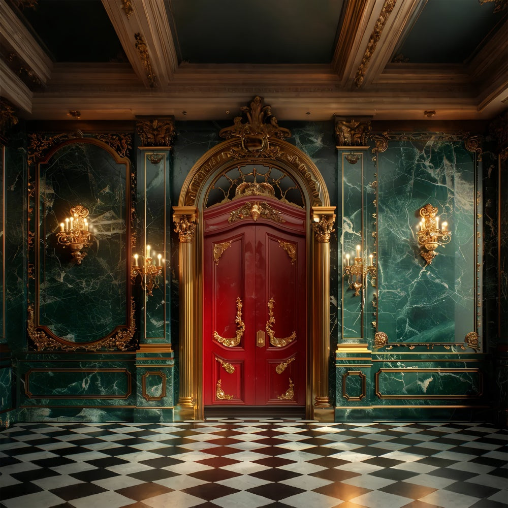 Toile de fond Porte royale rouge de Noël avec ornements dorés BRP9-95