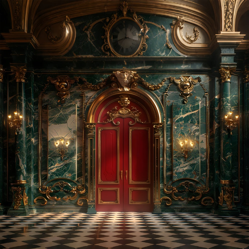 Toile de fond Opulence de Noël avec marbre vert et porte rouge BRP9-98