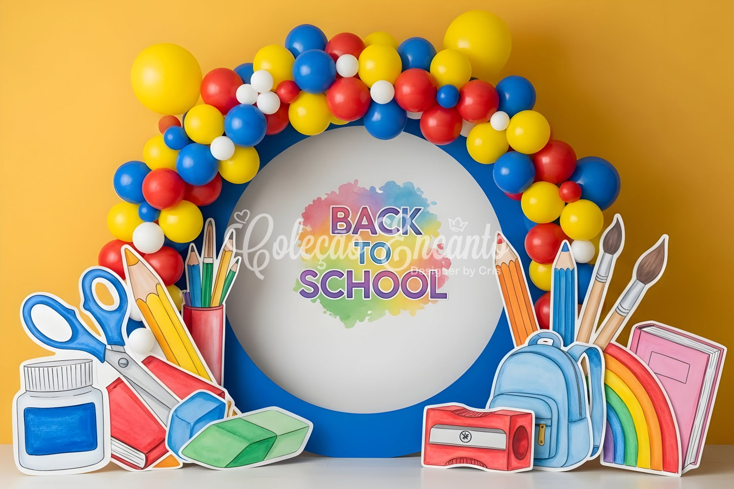 Fond Photo Rentrée des Classes Arche de Ballons Fournitures Vibrantes Par Magali