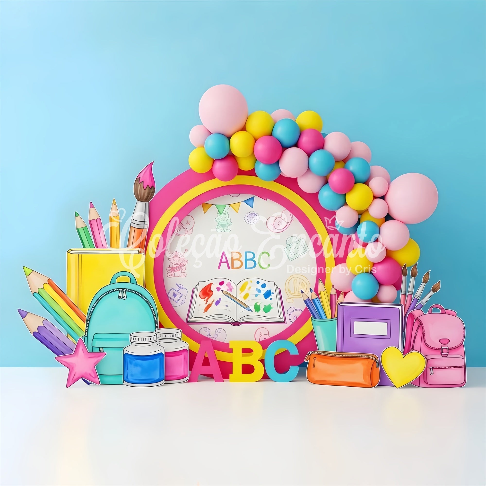 Toile de fond Rentrée Scolaire Fournitures Artistiques Arc-en-Ciel Par Magali