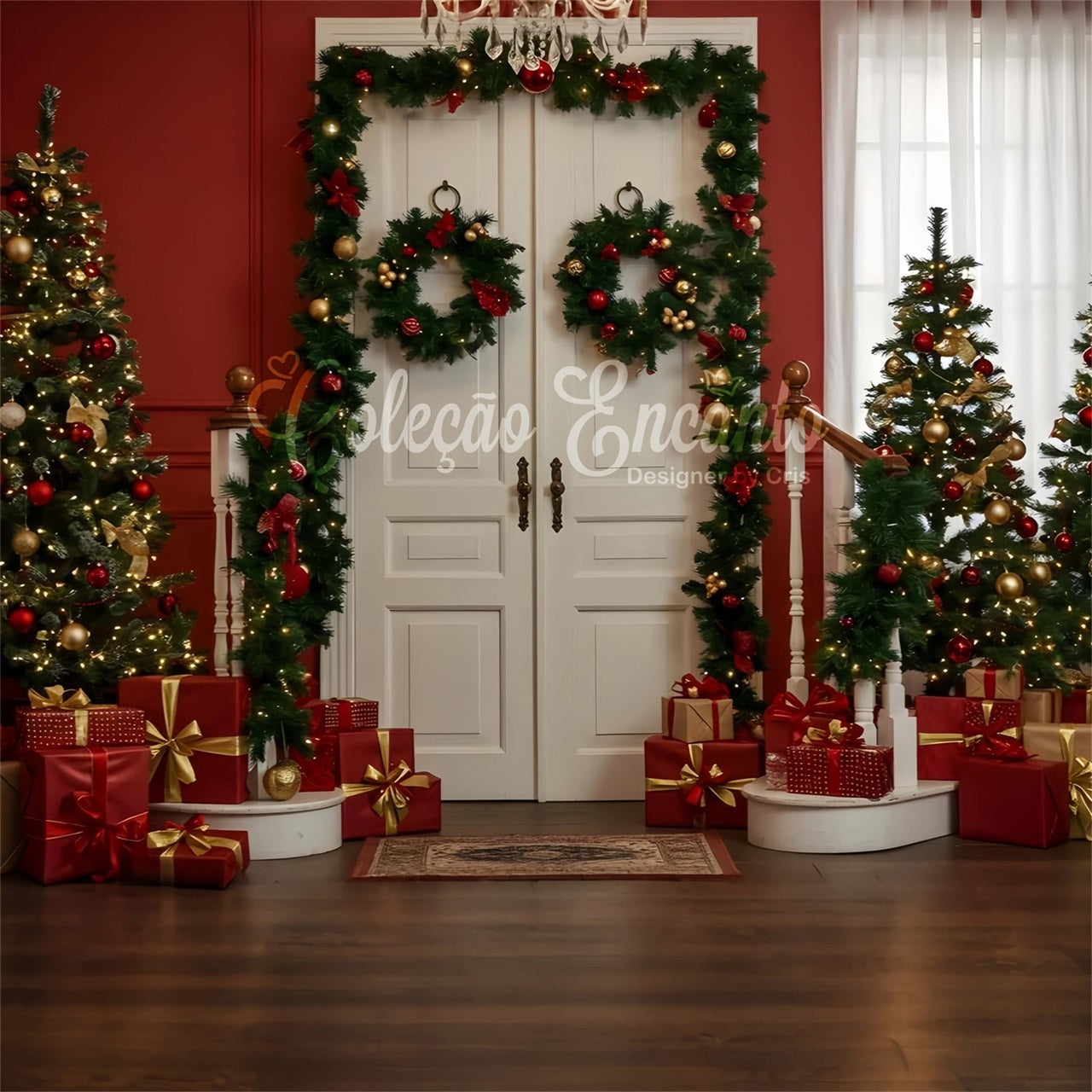 Toile de fond Photo Noël Porte Blanche Guirlande par Magali