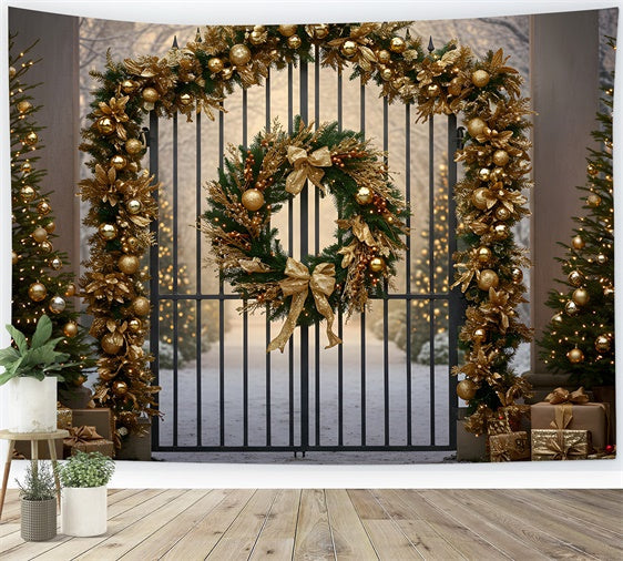 Toile de fond Noël Arbre Guirlande Dorée Portail par Magali