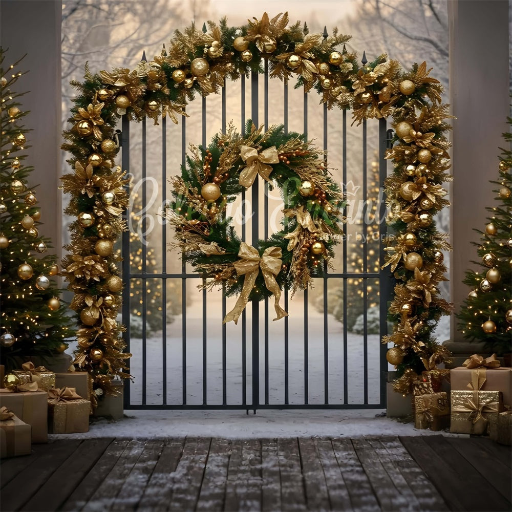 Toile de fond Noël Arbre Guirlande Dorée Portail par Magali