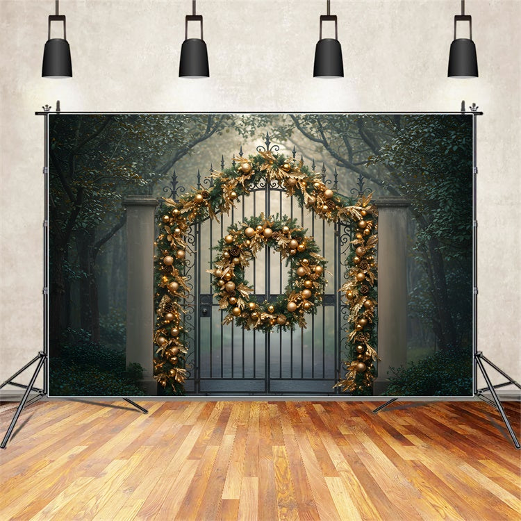 Toile de fond Noël Portail Forêt Guirlande Dorée par Magali