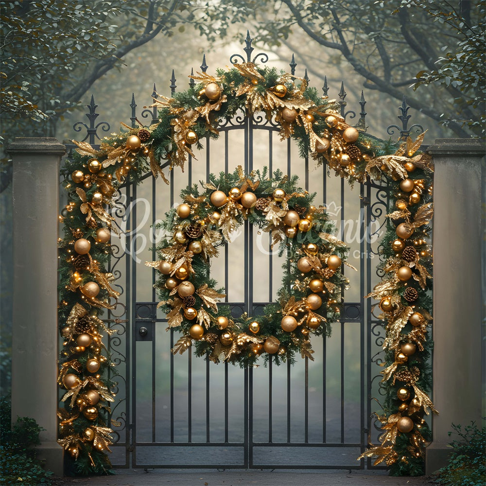Toile de fond Noël Portail Forêt Guirlande Dorée par Magali