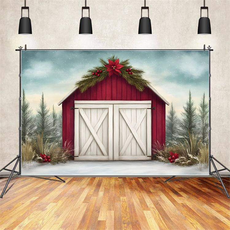Toile de fond Noël Haute Résolution Grange Rouge Rustique par Magali