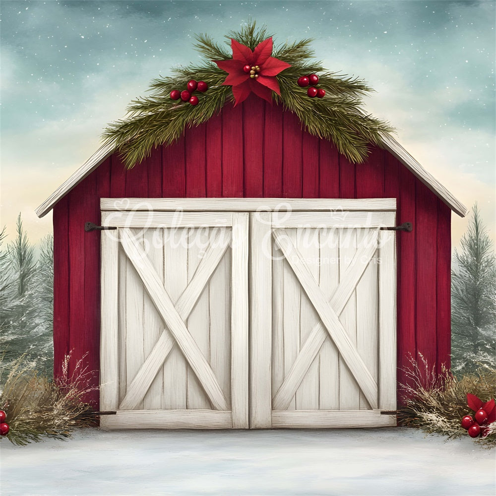 Toile de fond Noël Haute Résolution Grange Rouge Rustique par Magali