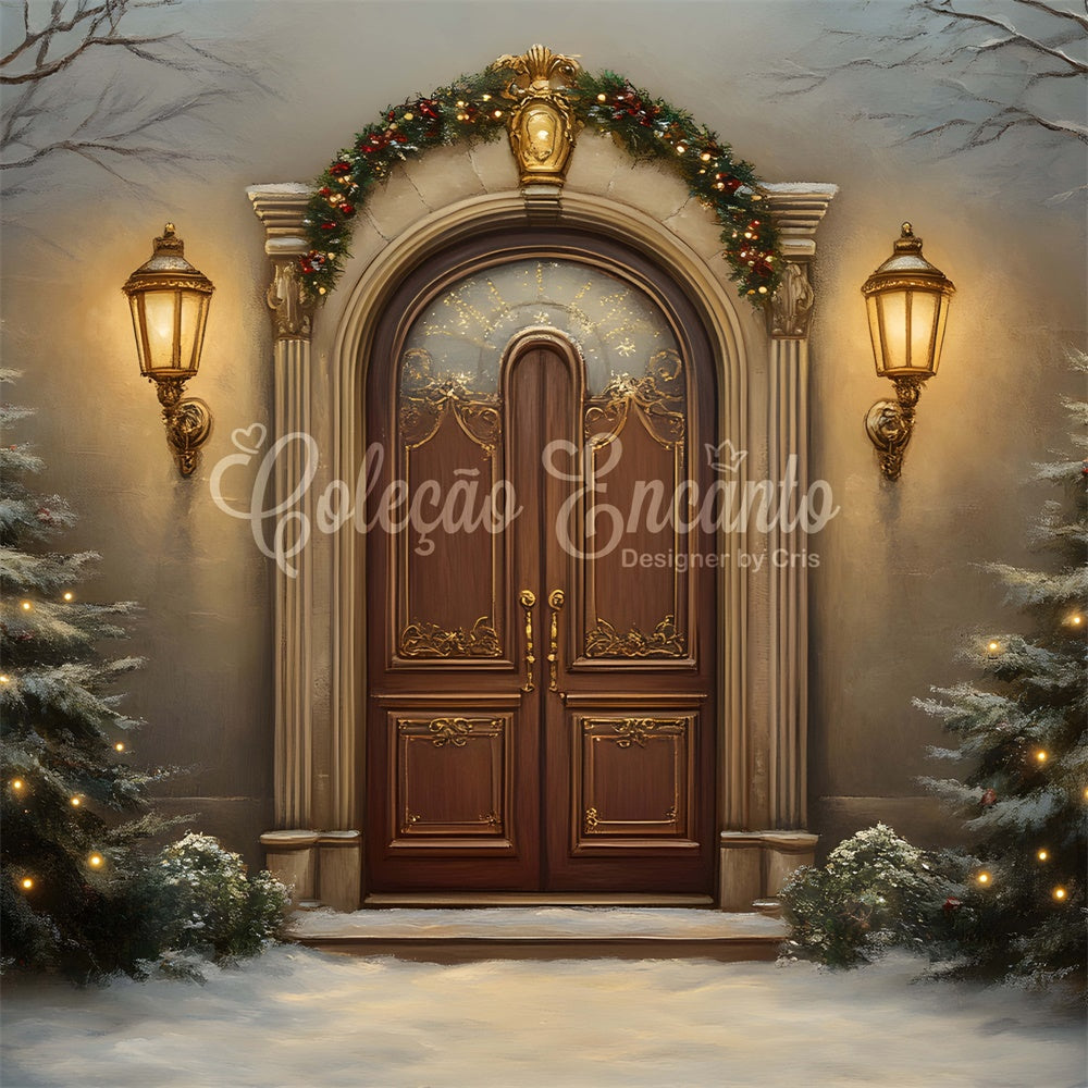 Toile de fond Noël Arbre Nuit Enneigée Entrée Vintage par Magali