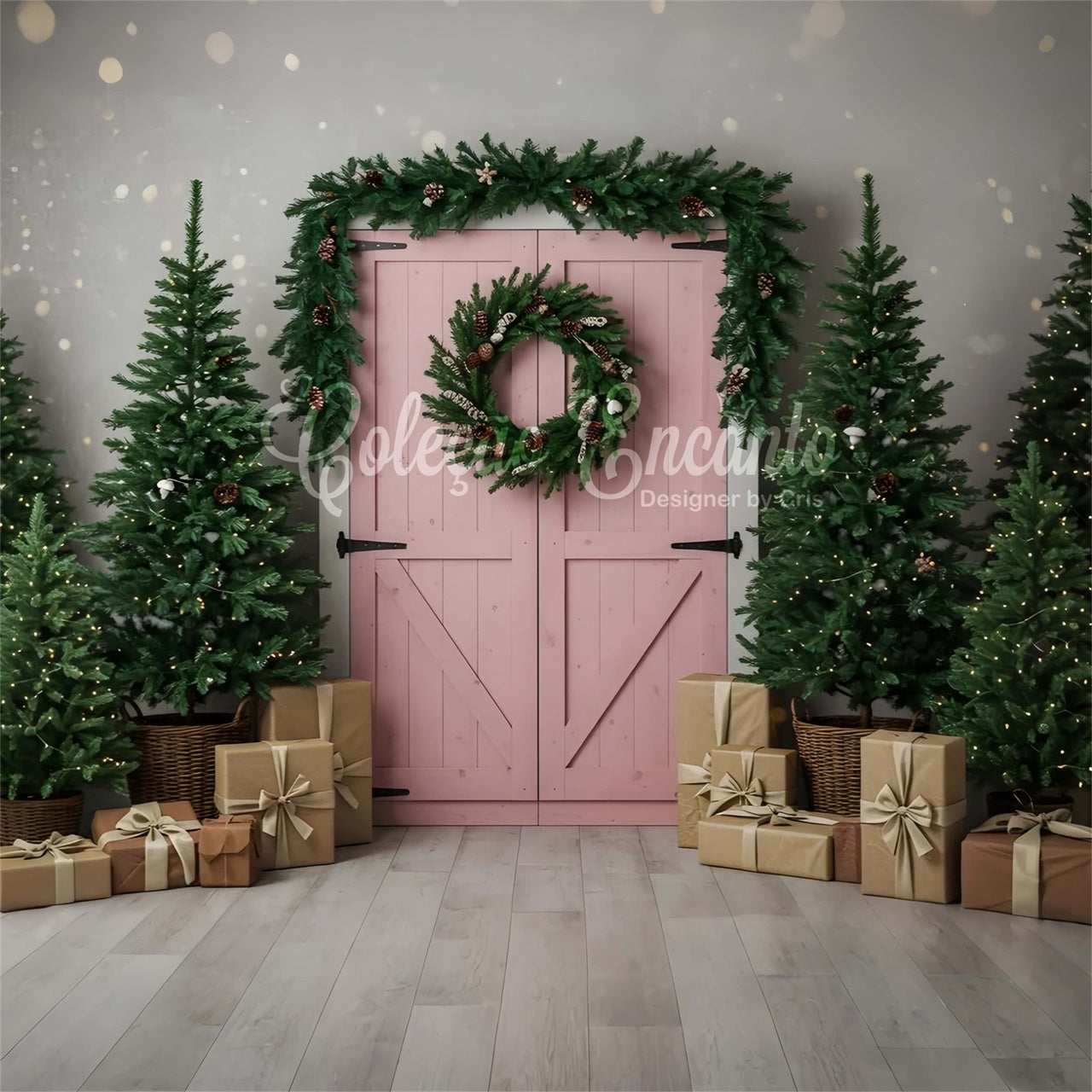 Toile de fond de Noël Porte de Grange Rose Sapin par Magali
