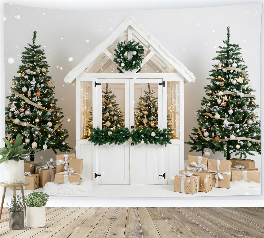 Toile de fond Noël Chalet Blanc Hiver Élégant par Magali