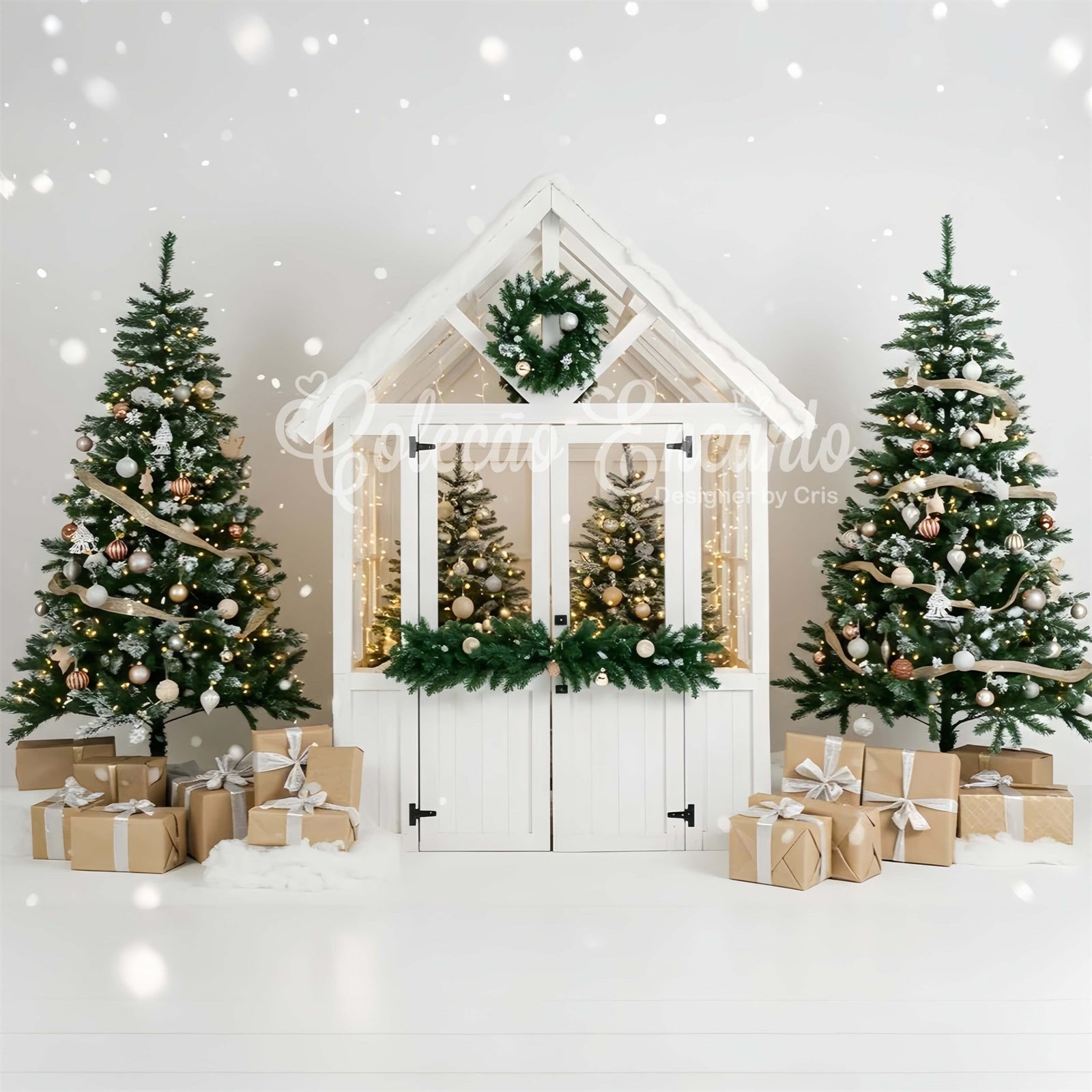 Toile de fond Noël Chalet Blanc Hiver Élégant par Magali