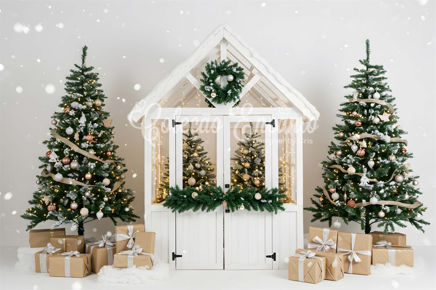 Toile de fond Noël Chalet Blanc Hiver Élégant par Magali