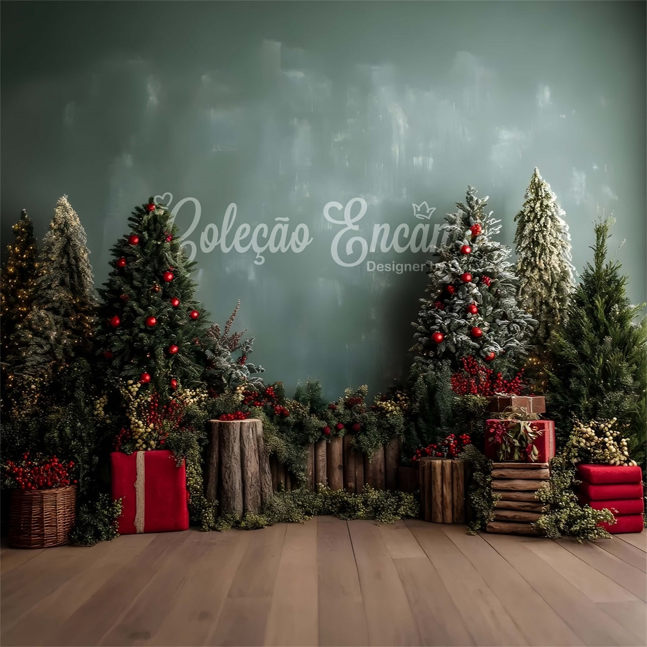 Toile de fond Noël Mur Vert Forêt Enchantée par Magali