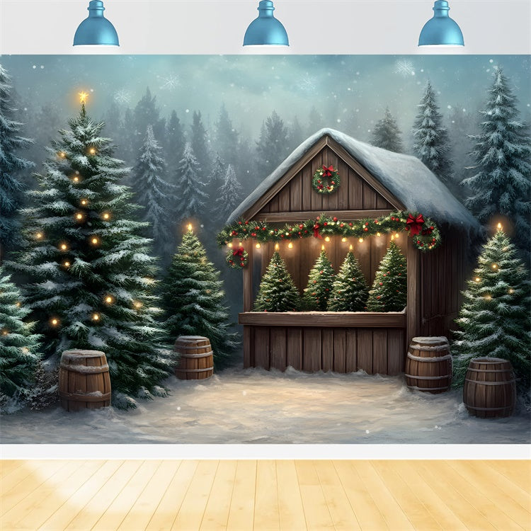 Toile de fond Photo Noël Arbres Givrés Maison en Bois par Magali