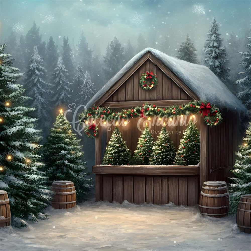 Toile de fond Photo Noël Arbres Givrés Maison en Bois par Magali