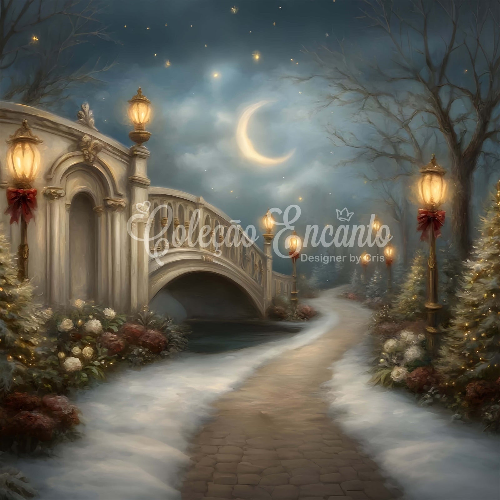 Toile de fond Noël Pont Festif Lanterne Lune par Magali