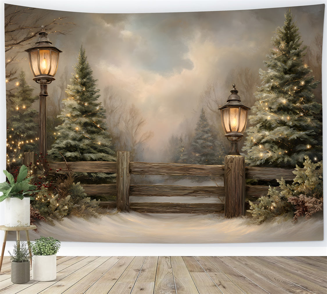 Toile de fond Noël Arbres Givrés Clôture Rustique par Magali