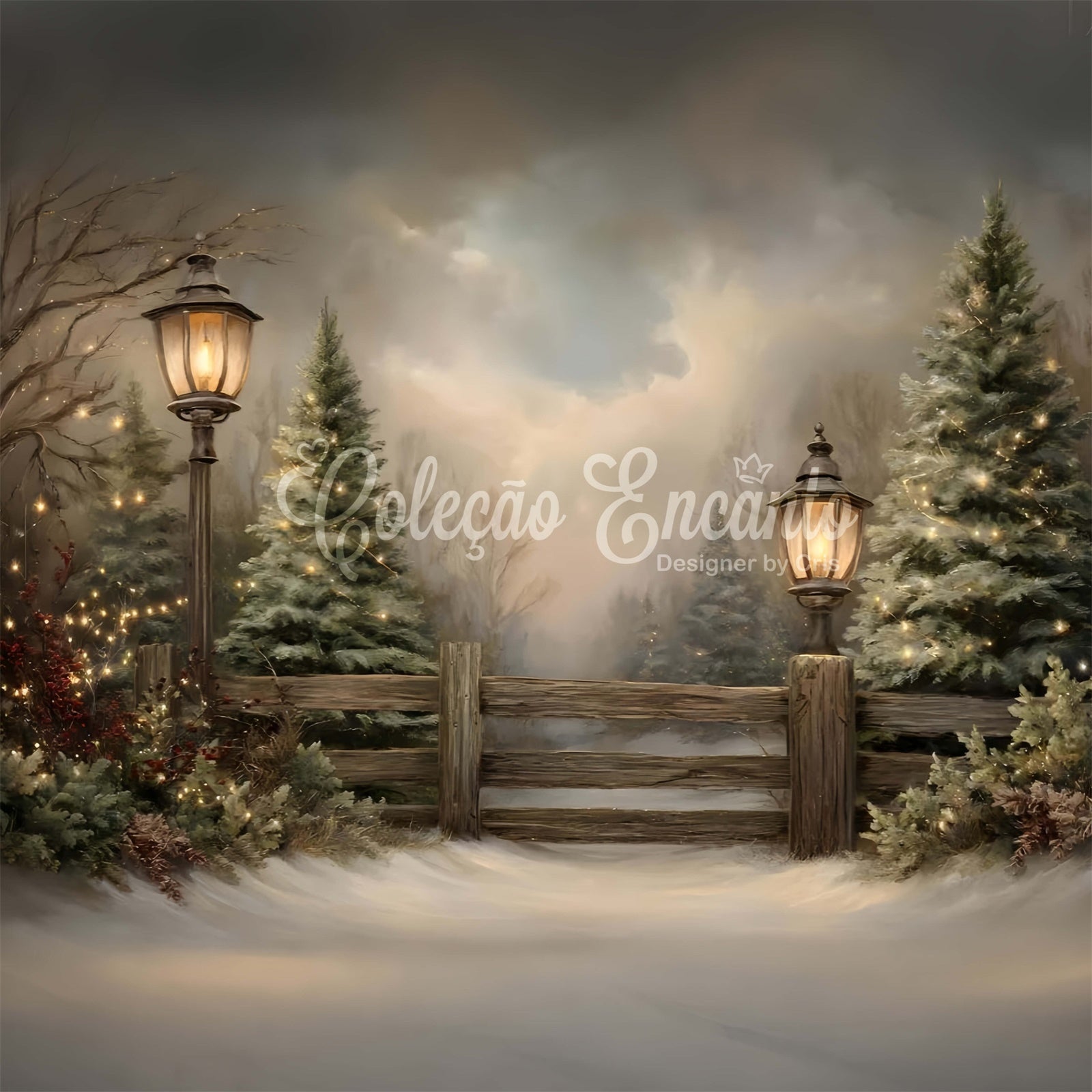 Toile de fond Noël Arbres Givrés Clôture Rustique par Magali